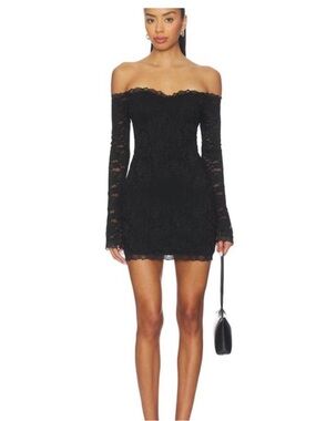 superdown Black Off-Shoulder Lace Mini Dress